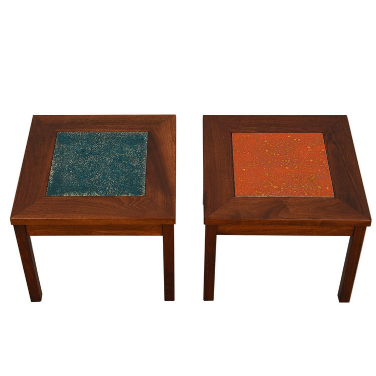 Two Walnut Accent Tables w/ a Cloisonn Inset, Blue & Orange