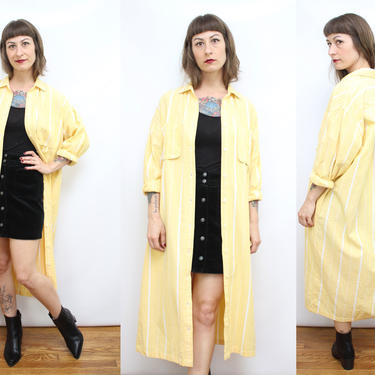 Vintage 80's 90's Super Soft Yellow Striped Duster Midi Shirt Dress / 1980's Long Flannel Dress /Spring Summer / Women's Size Medium Large by Ru