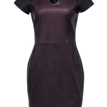 Diane von Furstenberg - Black & Maroon Leather Midi Sheath Dress Sz 10