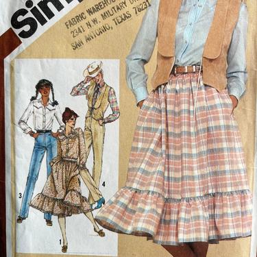 Simplicity 9851 Vintage Sewing Pattern, Prairie Skirt, Western Blouse, Vest, High Waist Pants, UNCUT, Complete with Instructions 