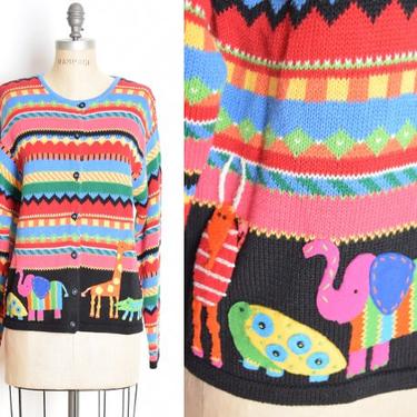 vintage 90s sweater, 90s cardigan, 90s jumper, applique sweater, animals sweater, 90s clothing, sweater top, striped sweater, L large 