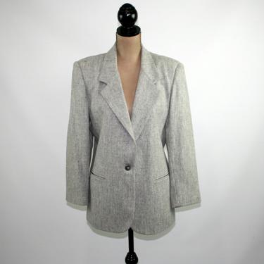90s Light Gray Wool Blazer Women Large, Suit Jacket with Shoulder Pads, Fall Winter Clothes, Vintage Clothing by K.C. Whitney Petite Size 12 
