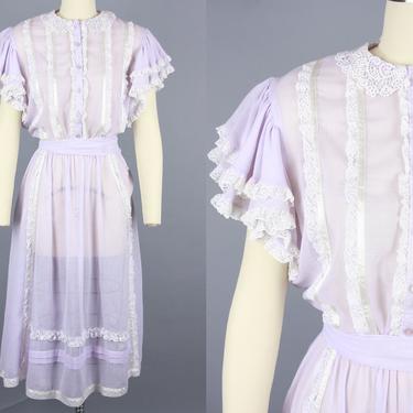 1970s GUNNE SAX Dress | Vintage 70s Purple Cotton Voile Dress with Ruffle Sleeves and Lace Details | medium 