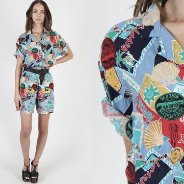 Luggage Labels Romper / Antique Travel Trunk Print / Colorful Button Up Mini Shorts / Beach Vacation Playsuit With Pockets 