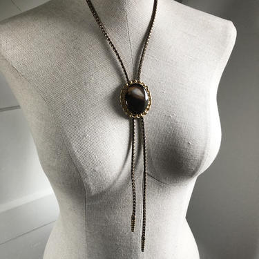 Vintage Bolo Tie- Agate Gemstone with Gold Link Trim and Leather Cord 