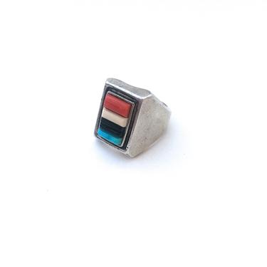 GET IN LINE Vintage 70s Ring | Mens 1970s Sterling Silver w/ Turquoise, Jet, Coral Inlay | Native American Navajo Style Jewelry | Size 10.5 