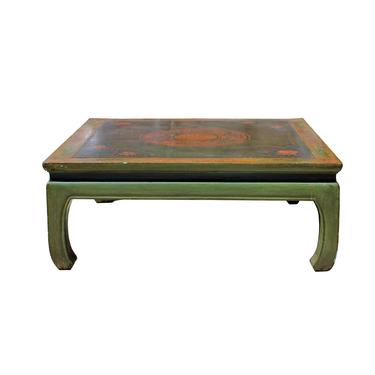 Chinese Distressed Lime Green Flower Graphic Square Coffee Table cs5322S
