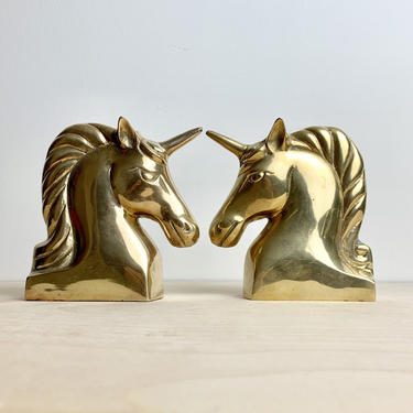 Large Brass Unicorn Bookends, Weighted Brass Unicorn Bookends 
