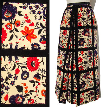 Vintage 60s Skirt Plush Floral Velvet Red &amp; Black Midi S 
