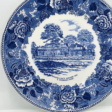 Vintage Plate, 10&amp;quot; Longfellows Wayside Inn, Sudbury, MA, Blue and White Staffordshire by Jon Roth, Made in England , 