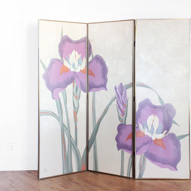 Vintage Room Divider Hollywood Regency Floral Iris Painted Folding Screen 80s California Look 