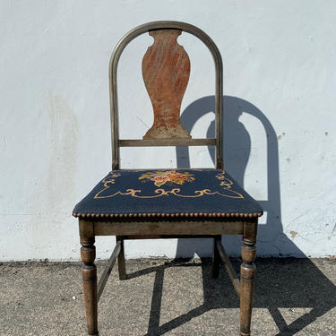 Antique Embroidered Wood Chair Needlepoint Accent Vanity Seating Country French Provincial Hollywood Regency Shabby Chic Vintage Chair 