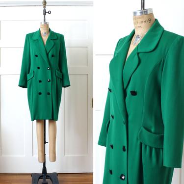 vintage 1980s 90s green wool coat • tailored double breasted gabardine dress coat with stylized big pockets 