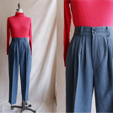 Vintage 80s Grey Trousers/ 1980s High Waisted Straight Leg Pleated Pants/ Wide Waistband/ Size 27 6 