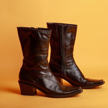 Vintage Dark Chocolate Brown Leather Stitched Y2K Zip up Boots 
