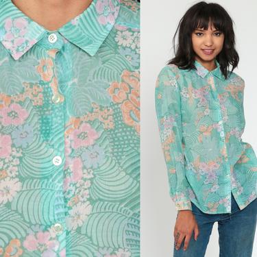 Sheer Floral Blouse Turquoise 70s Boho Top Blue Button Up Shirt Bohemian Long Sleeve 1970s Vintage Hippie Romantic Summer Medium 