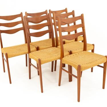 Mid Century Ladderback Teak and Rope Dining Chairs - Set of 6 - mcm 