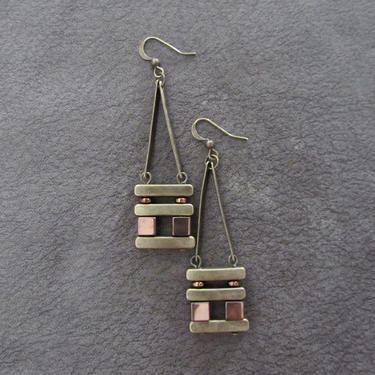 Long brass geometric earrings, brutalist earrings, mid century modern earrings bold statement, brown hematite, unique chic earrings 