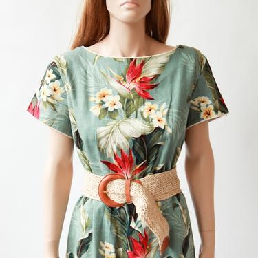 Tropical floral maxi dress / 50s/60s Hawaiian dress /barkcloth dress / L XL 