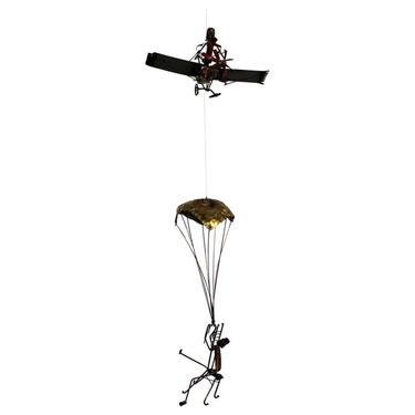 Mid Century Modern Brutalist Brass Hanging Sculpture 1970s Plane & Parachute 
