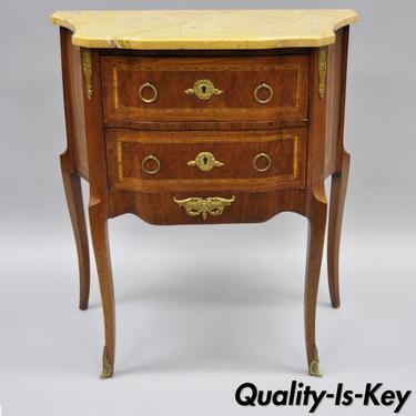 French Louis XV Style Inlaid Marble Top Bombe Commode End Table Nightstand