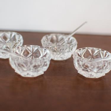Set of 4 Cut Glass Salt Cellars with Glass Shell Spoons in Box (3 boxes available) 