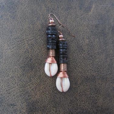 Cowrie shell earrings, copper earrings, boho chic bohemian earrings, bold statement earrings, modern, black carved wooden earrings 