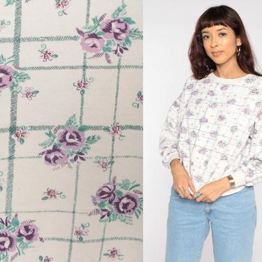White Floral Sweatshirt 80s Rose Shirt Vintage Sweater Kawaii Graphic 1980s Slouchy All Over Print 90s Large 