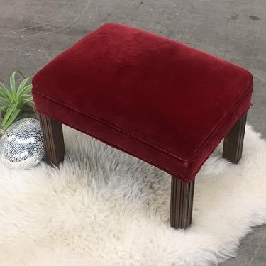 Vintage Ottoman Retro 1960s Hollywood Regency + Cranberry Velvet + Cushioned Seat + Brown Wood Legs + MCM Footrest + Seating and Furniture 