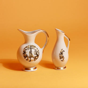 Set of 2 80s White Gold Pitcher Small Ceramic Vases 