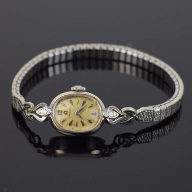 Vintage Mid-Century Ladies Omega Crown Wrist Watch 14k White Gold w Diamonds 