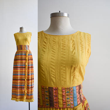 1970s Orange & Yellow Floral Striped Maxi Dress 