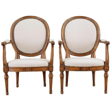 Pair of French Louis XVI Style Carved Fauteuil Armchairs by ErinLaneEstate