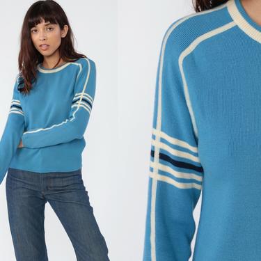 Wool Ski Sweater Blue Striped Sweater 80s Knit Blue Fitted 1980s Vintage Ski Winter Long Sleeve Jumper Raglan Sleeve Retro Athletic Small 