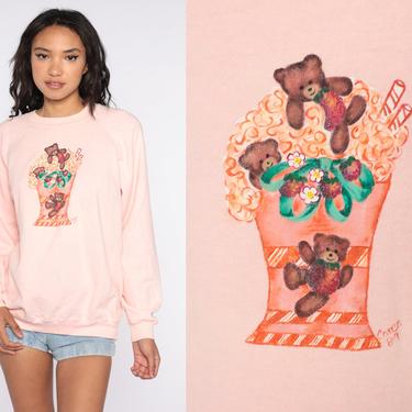 Teddy Bear Shirt 80s Sweatshirt Baby Pink Hand Painted Sweatshirt Strawberry Graphic Sweatshirt Vintage 1980s Pullover Extra Large xl 