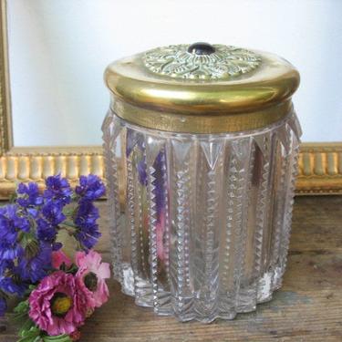 Antique Heavy Cut Glass Humidor With Brass Lid With Gem, Vintage Tobacco Jar, Tobacciana 