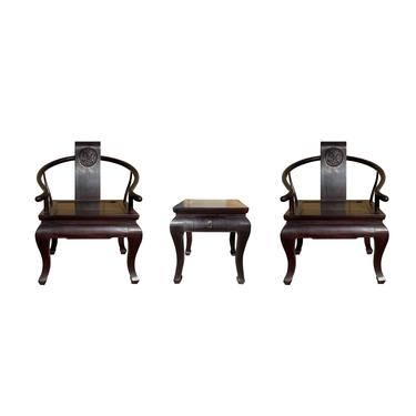 Dark Brown Stain Oriental Accent Horseshoe Armchair Table 3 Pieces Set cs7181E 