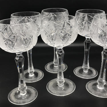 Vintage set of (6)  Sherry Cordial Glass Goblets Czech Bohemian -Hand  Cut to Clear 3 ounce Balloon shaped 