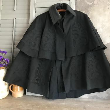 Folk Art Black Wool Cape, 1800s Coat, Cloak, Capelet, Period Costume 