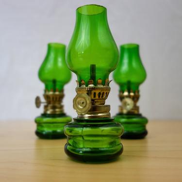 Set of Green or Gold Mini Oil Lamps 4&amp;quot; Tall Tabletop Patio or Dining Table Centerpiece Lighting Miniature Small Glass Lamp 