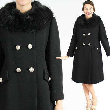60s Black Winter Wool Coat | Black Double-Breasted Fox Fur Collar Coat | Large 