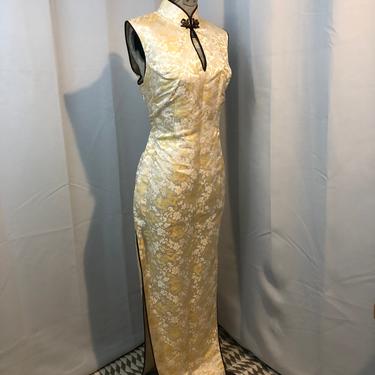 Vintage Cheongsam Evening Gown Ivory & Gold Dragon with Chocolate Satin trim S 