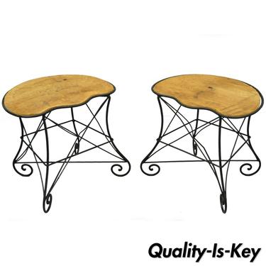 Pair French Art Nouveau Style Stool Bench Seats w/ Scrolling Wrought Iron Frame