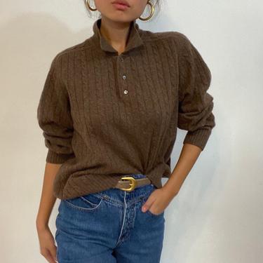 90s cashmere collared sweater / vintage cocoa brown collared polo cable knit oversized boyfriend henley cashmere sweater | L 