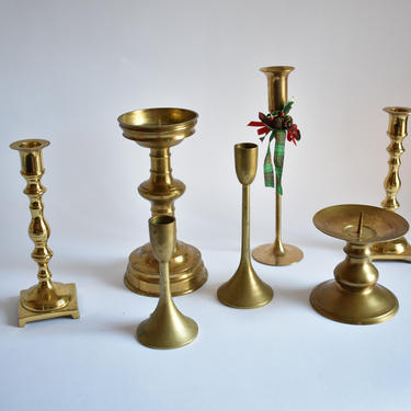Selection of Vintage Brass Candlesticks | Holiday Metal Candle Holders | Grouping of Styled Brass Table Centerpieces | Retro Gold Tablescape 
