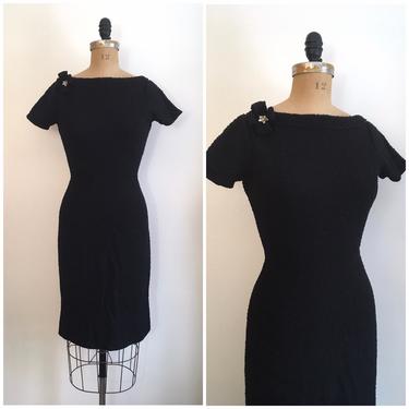 Vintage 1950s Kimberly Knits Sweater Dress 50s Wool Black Boucle Wiggle Dress 