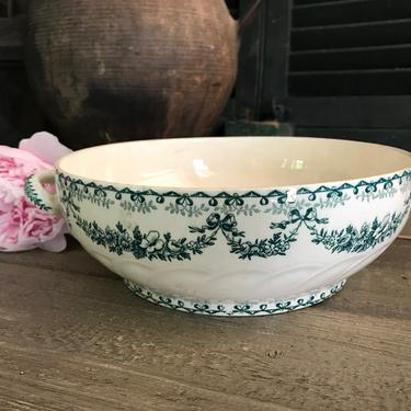 Longwy French Ironstone Compote, Bowl, Green Floral Bows, Tureen, French Faïence, Farmhouse 