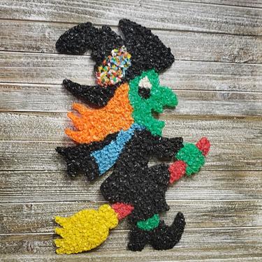Vintage Plastic Popcorn Witch, Halloween Witch Wall Decor, Wicked Witch Flying on Broom Door &amp; Window Decoration, Retro Vintage Holiday 