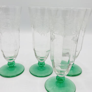 VIntage set of four (4) Etched   Paneled Cordial or parfait Glasses with Green Stems- Nice Condition 