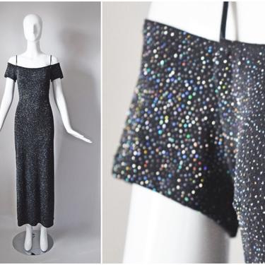 vtg 90s Onyx Nite black holographic silver glitter spandex off shoulder maxi dress | 1990s holiday party | size 9 dress | body con little 